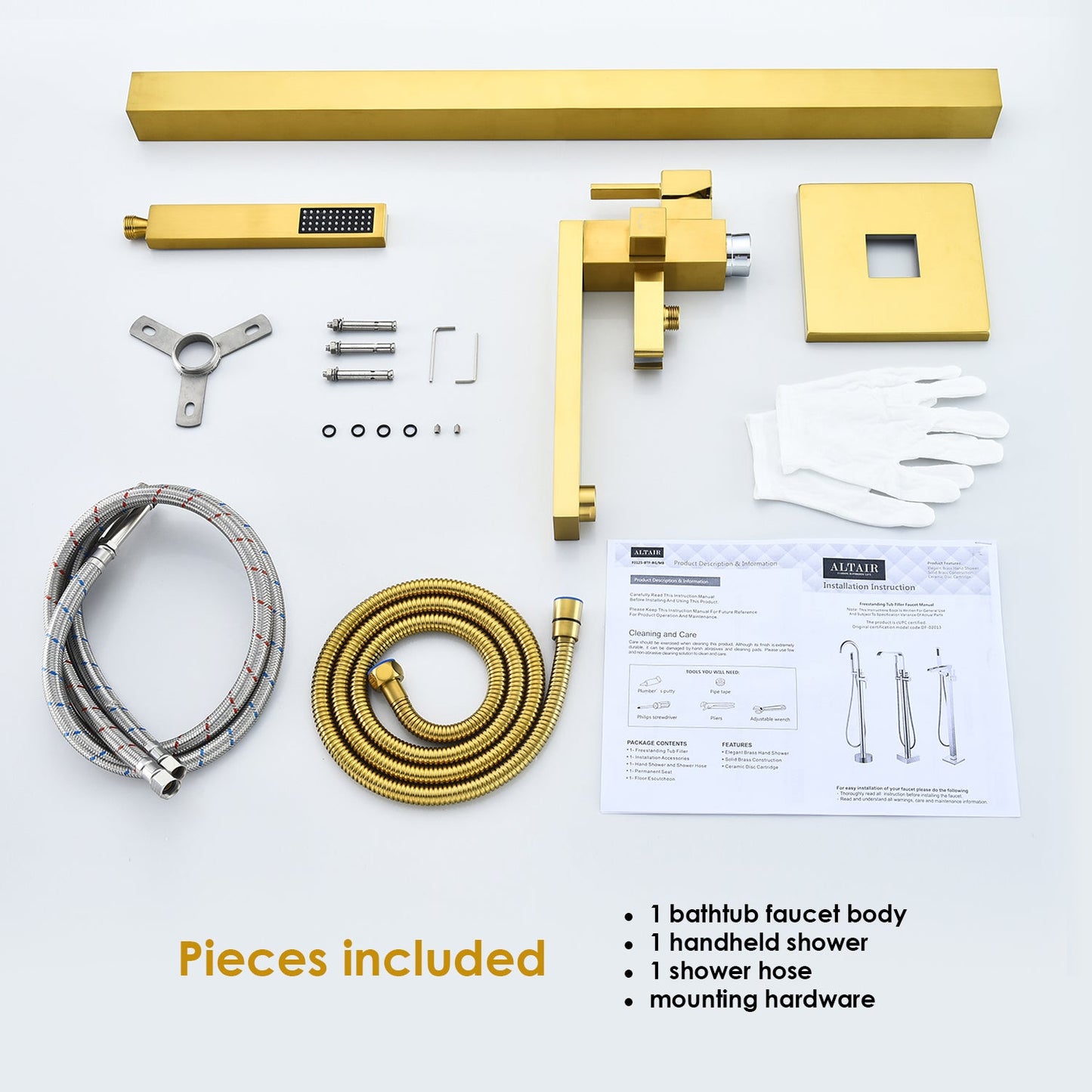 Campia Single Lever Handle Freestanding Floor Mounted Tub Filler with Handshower in Brushed Gold
