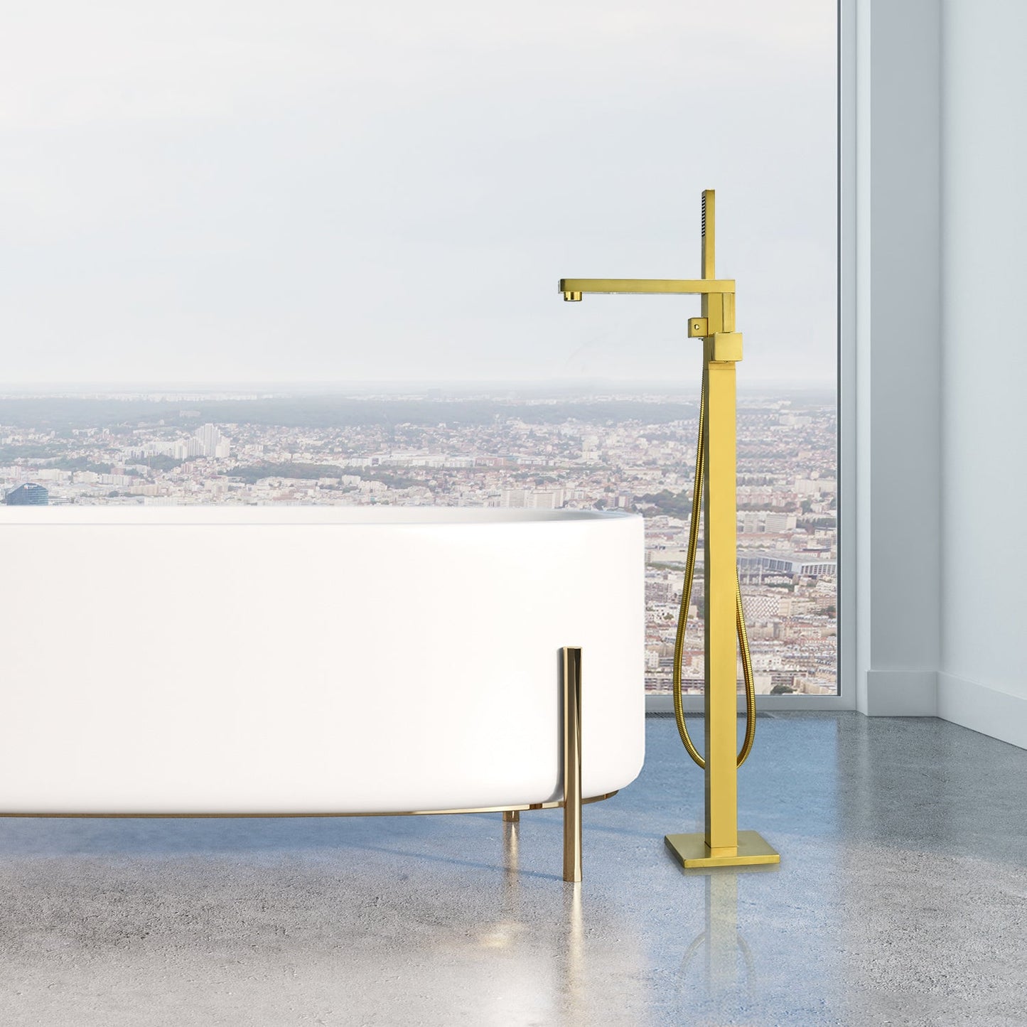 Campia Single Lever Handle Freestanding Floor Mounted Tub Filler with Handshower in Brushed Gold