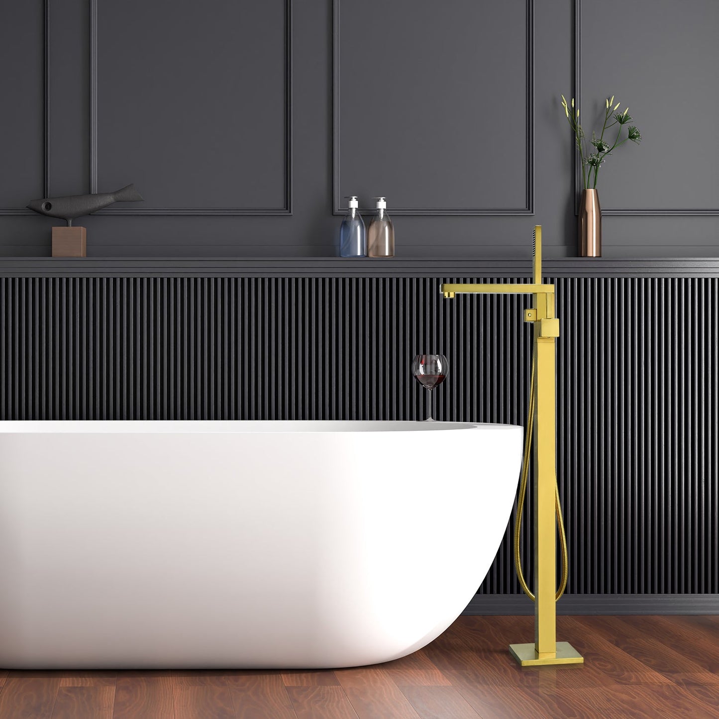 Campia Single Lever Handle Freestanding Floor Mounted Tub Filler with Handshower in Brushed Gold