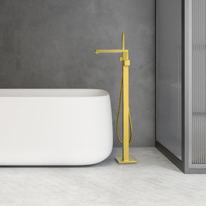 Campia Single Lever Handle Freestanding Floor Mounted Tub Filler with Handshower in Brushed Gold