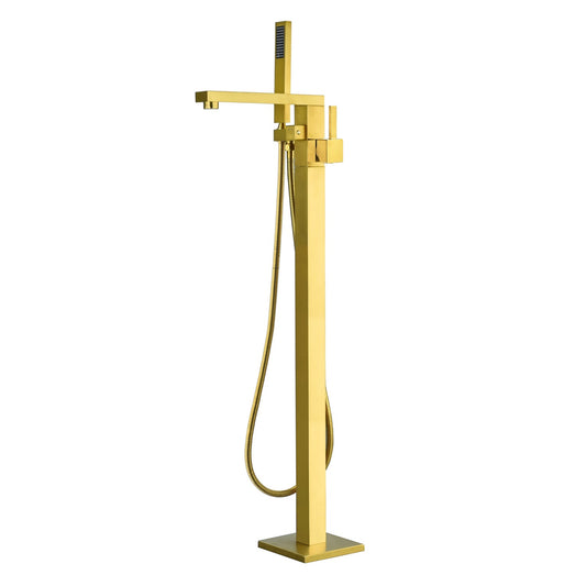 Campia Single Lever Handle Freestanding Floor Mounted Tub Filler with Handshower in Brushed Gold
