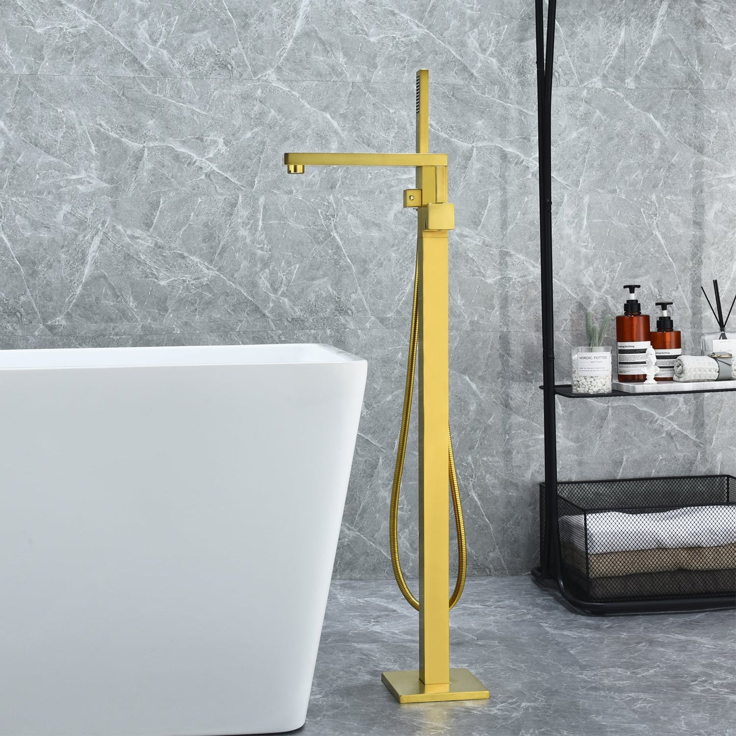 Campia Single Lever Handle Freestanding Floor Mounted Tub Filler with Handshower in Brushed Gold
