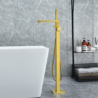 Campia Single Lever Handle Freestanding Floor Mounted Tub Filler with Handshower in Brushed Gold