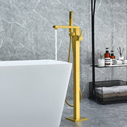 Campia Single Lever Handle Freestanding Floor Mounted Tub Filler with Handshower in Brushed Gold