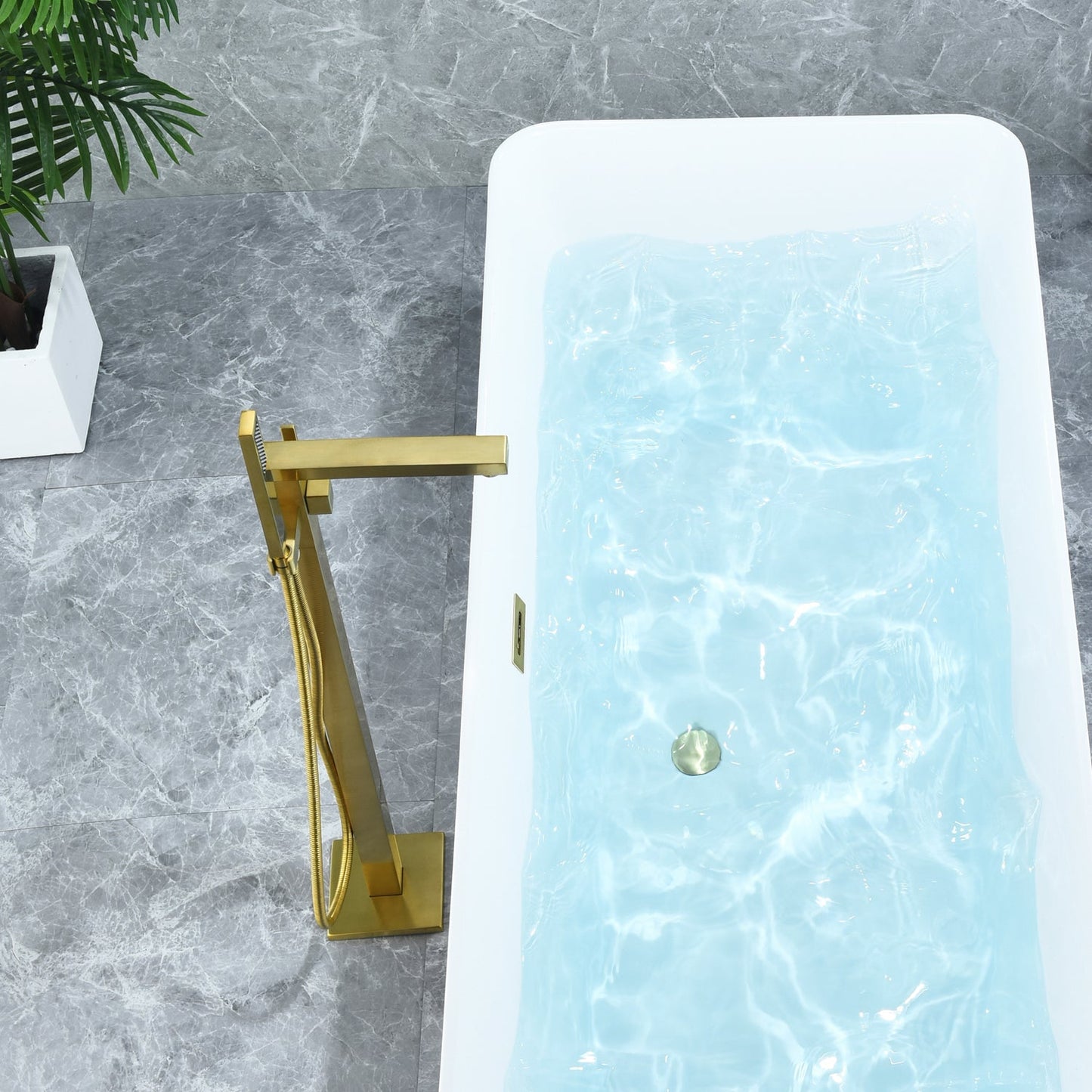 Campia Single Lever Handle Freestanding Floor Mounted Tub Filler with Handshower in Brushed Gold