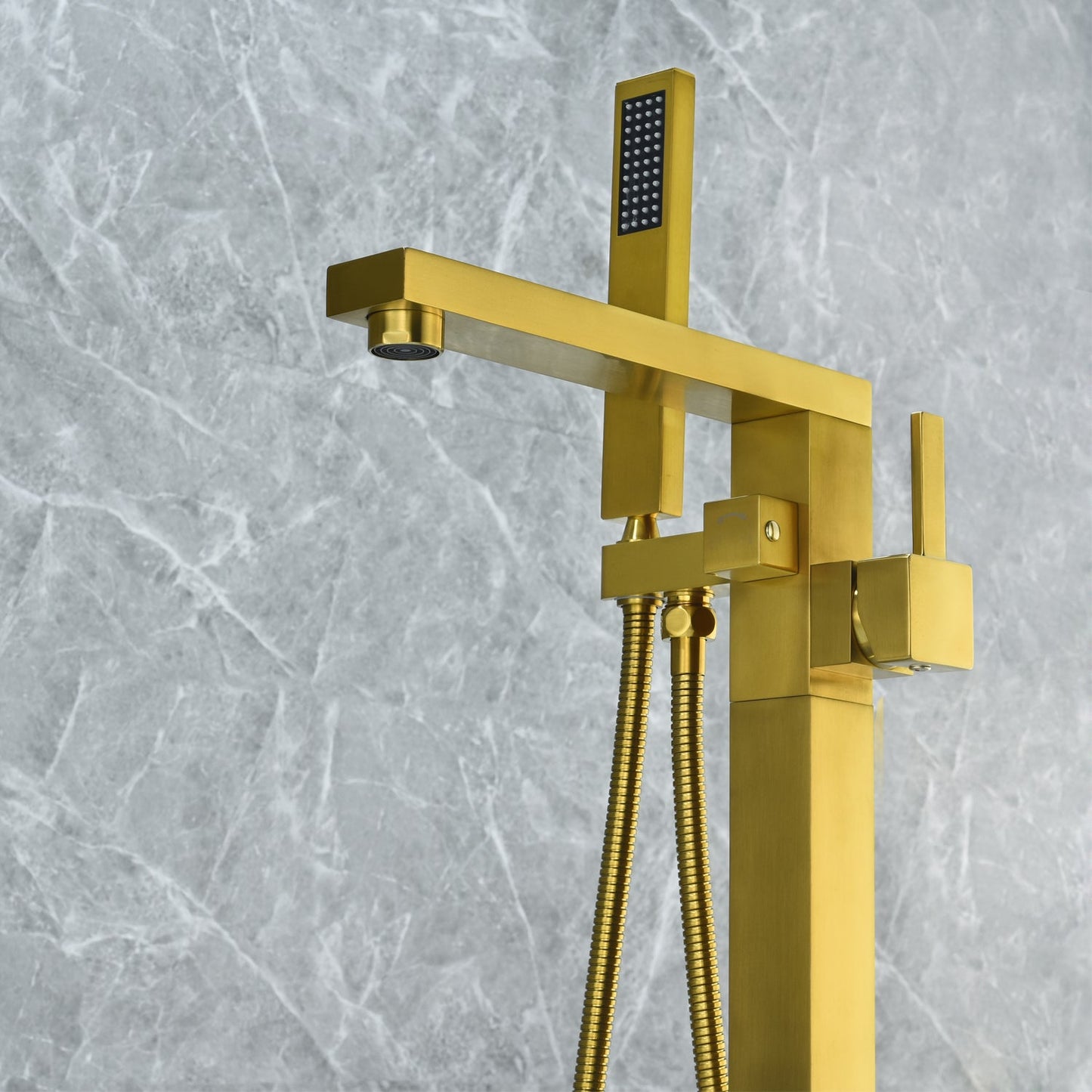 Campia Single Lever Handle Freestanding Floor Mounted Tub Filler with Handshower in Brushed Gold
