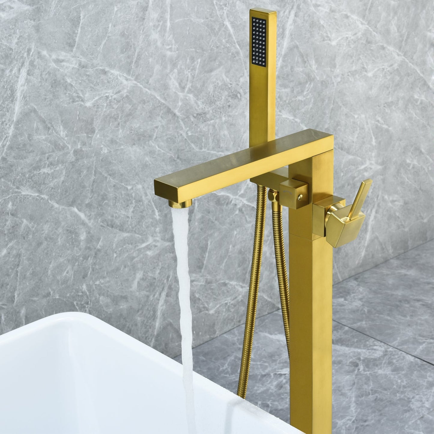 Campia Single Lever Handle Freestanding Floor Mounted Tub Filler with Handshower in Brushed Gold