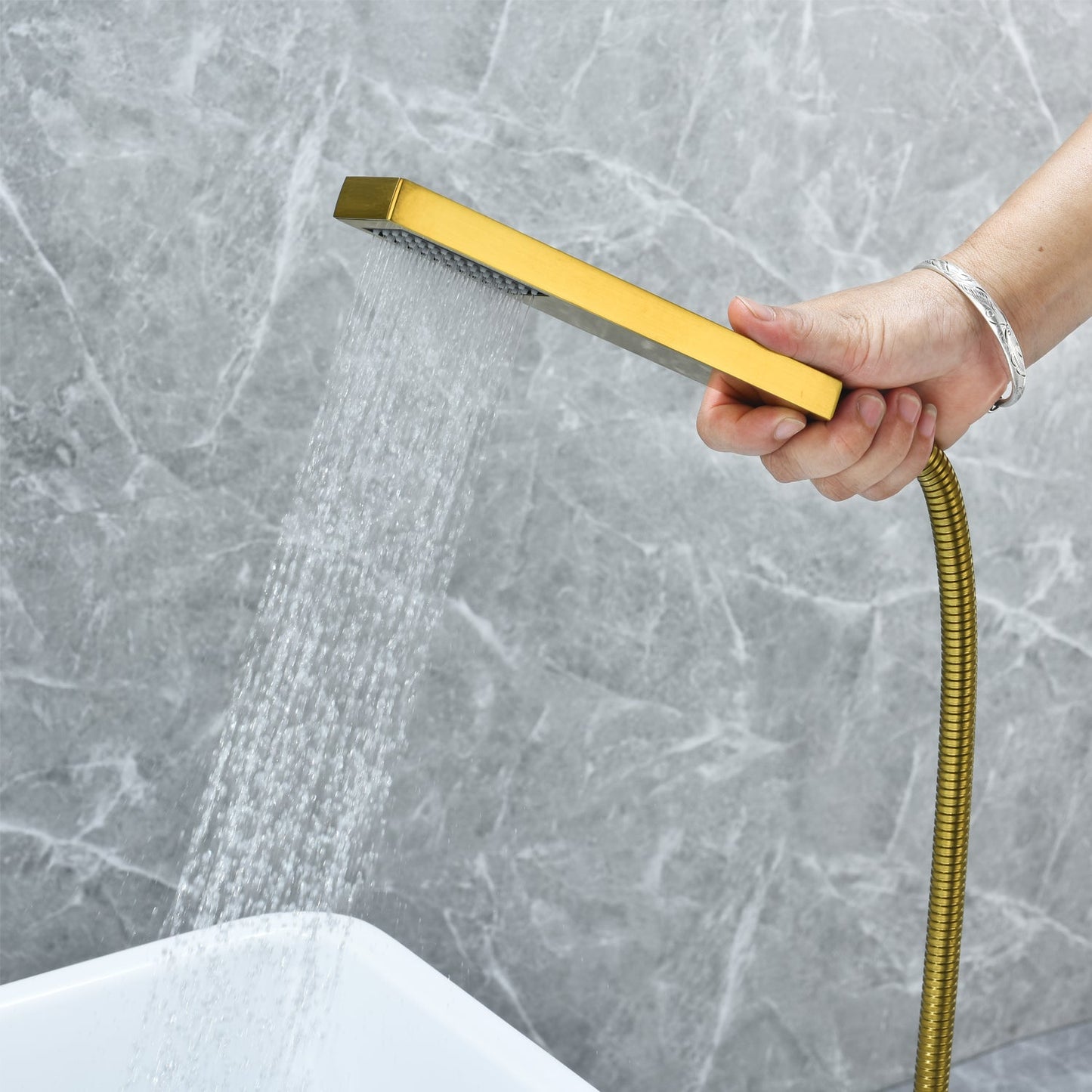Campia Single Lever Handle Freestanding Floor Mounted Tub Filler with Handshower in Brushed Gold