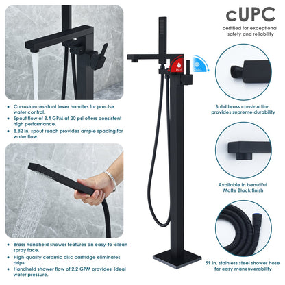 Campia Single Lever Handle Freestanding Floor Mounted Tub Filler with Handshower in Matte Black