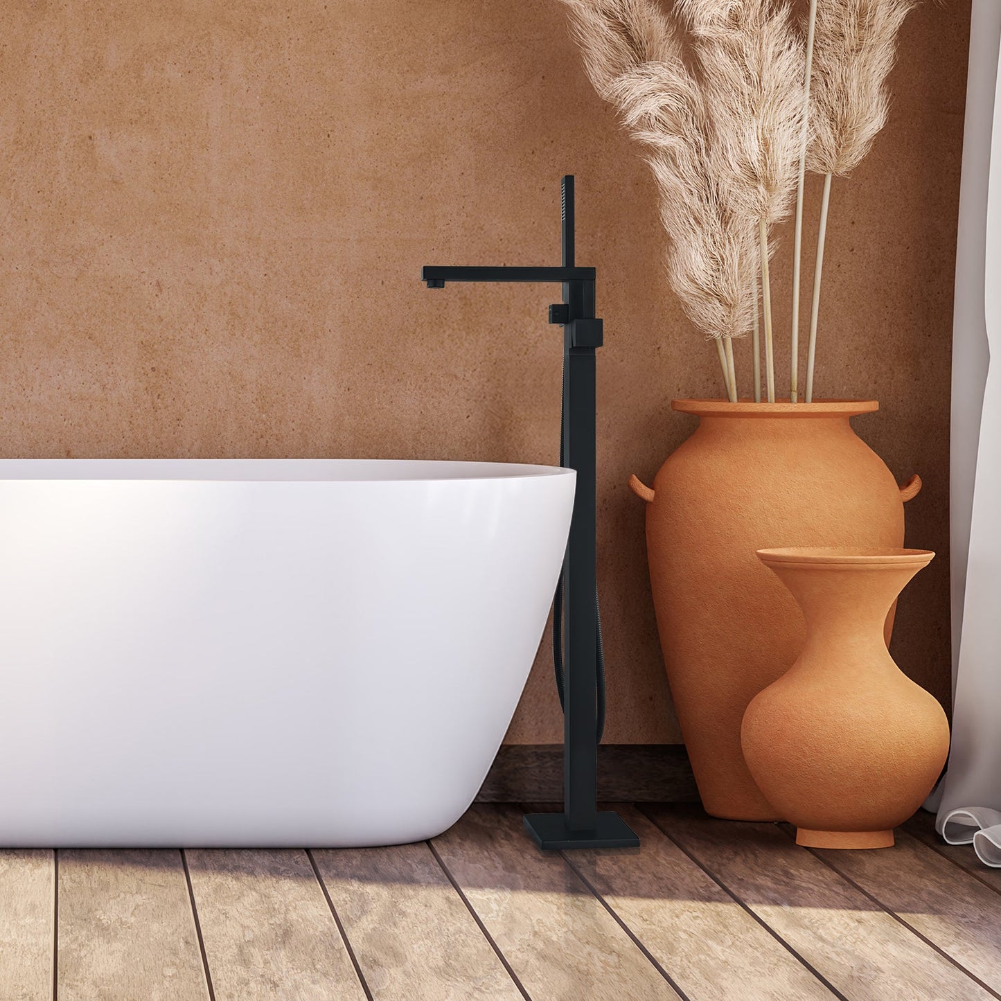 Campia Single Lever Handle Freestanding Floor Mounted Tub Filler with Handshower in Matte Black
