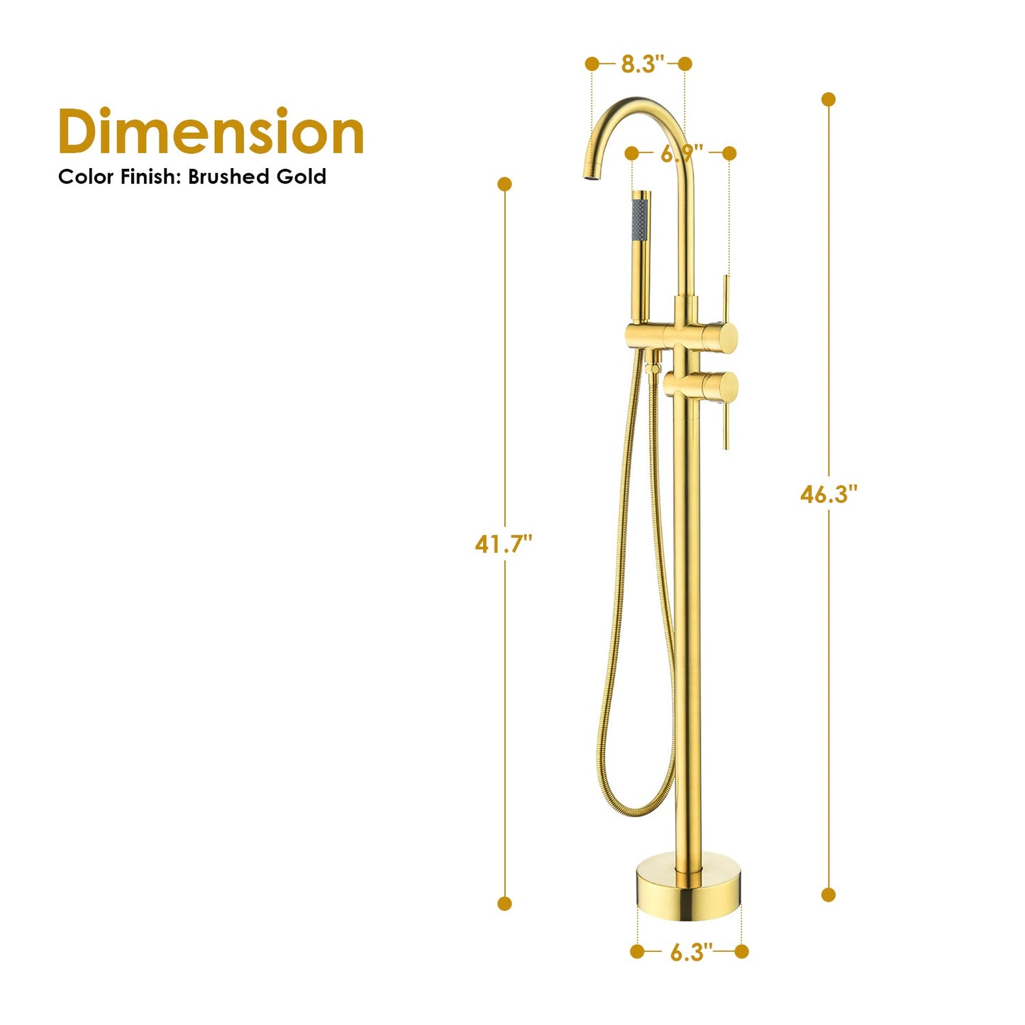 Assens Double Lever Handle Freestanding Floor Mounted Tub Filler with Handshower in Brushed Gold