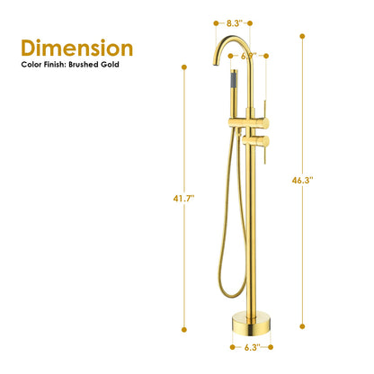 Assens Double Lever Handle Freestanding Floor Mounted Tub Filler with Handshower in Brushed Gold