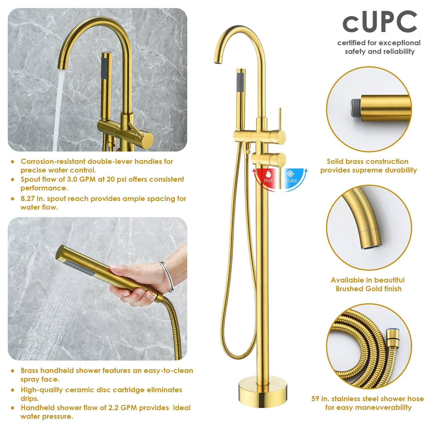 Assens Double Lever Handle Freestanding Floor Mounted Tub Filler with Handshower in Brushed Gold