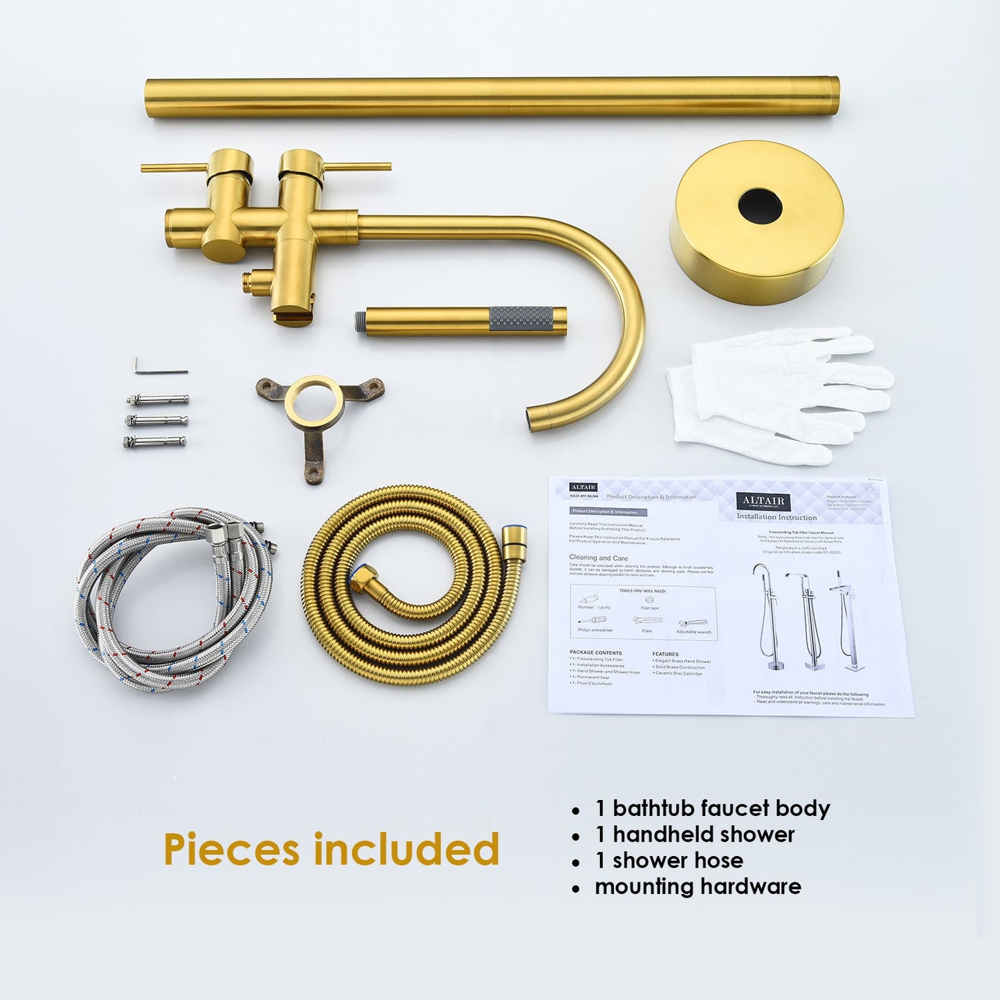 Assens Double Lever Handle Freestanding Floor Mounted Tub Filler with Handshower in Brushed Gold