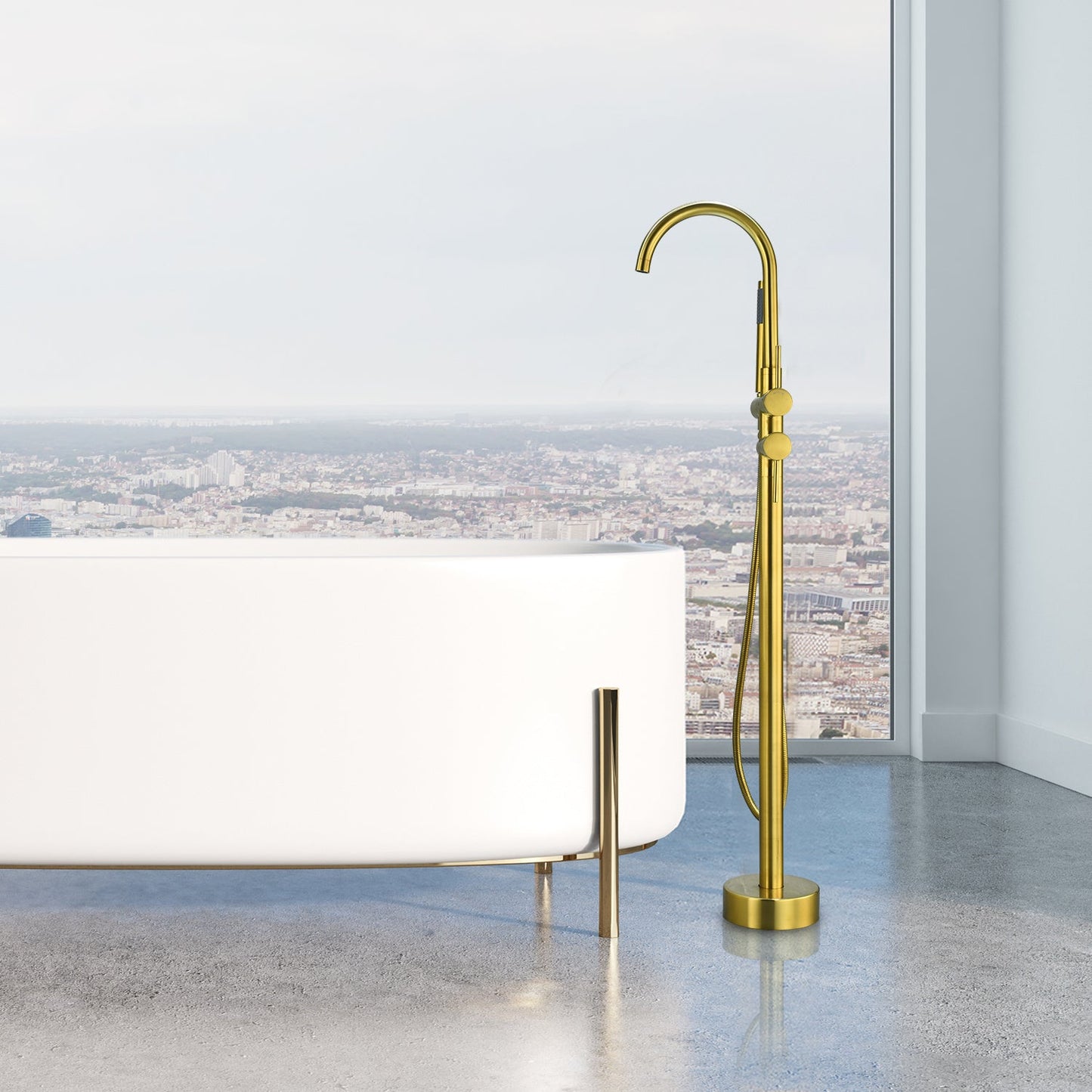 Assens Double Lever Handle Freestanding Floor Mounted Tub Filler with Handshower in Brushed Gold