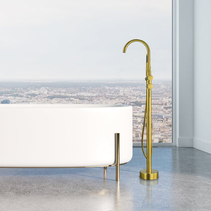 Assens Double Lever Handle Freestanding Floor Mounted Tub Filler with Handshower in Brushed Gold