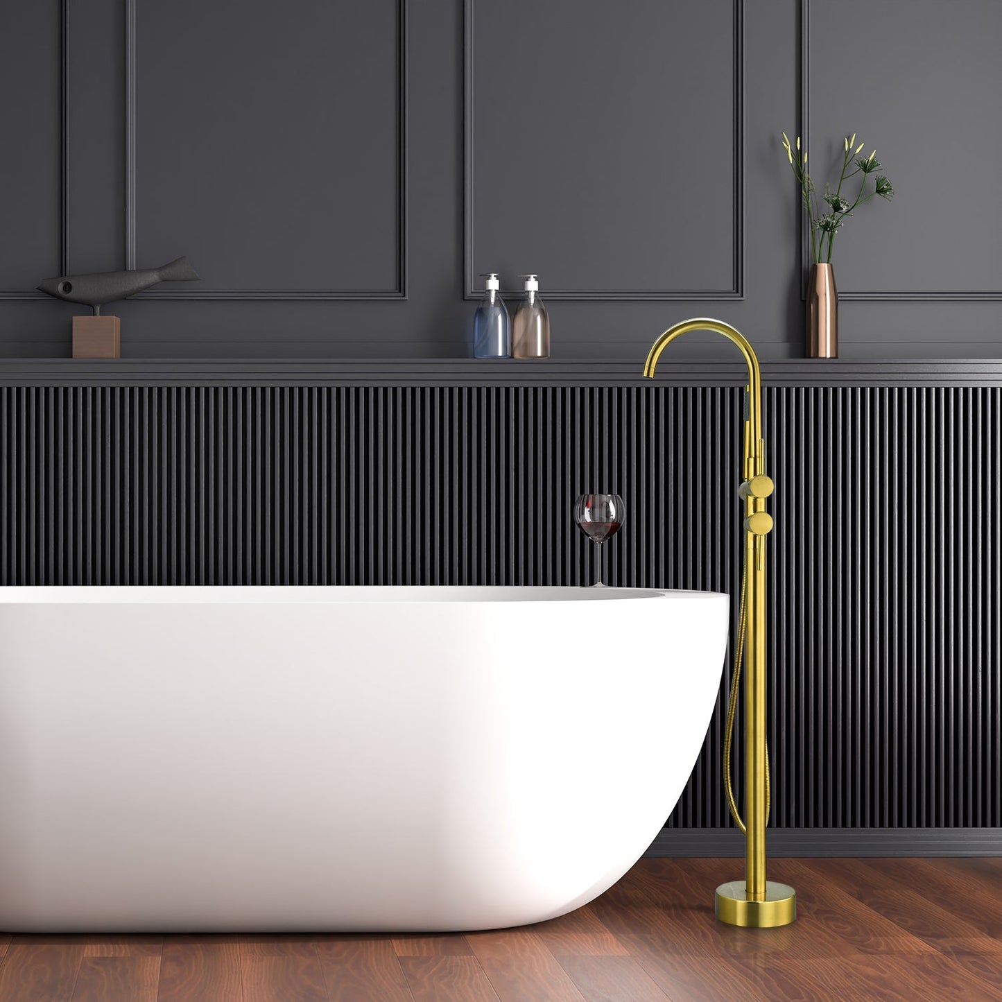 Assens Double Lever Handle Freestanding Floor Mounted Tub Filler with Handshower in Brushed Gold