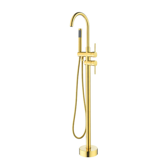 Assens Double Lever Handle Freestanding Floor Mounted Tub Filler with Handshower in Brushed Gold