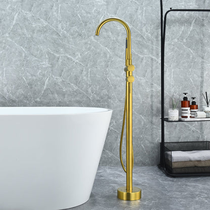 Assens Double Lever Handle Freestanding Floor Mounted Tub Filler with Handshower in Brushed Gold