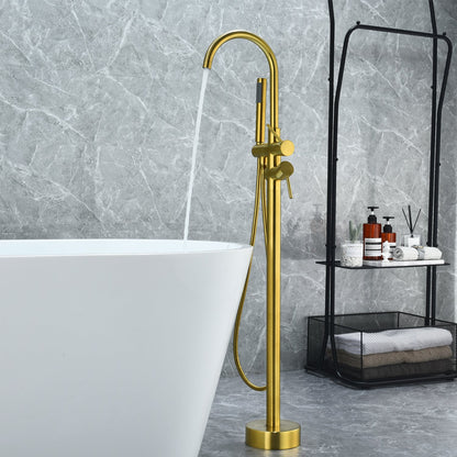 Assens Double Lever Handle Freestanding Floor Mounted Tub Filler with Handshower in Brushed Gold