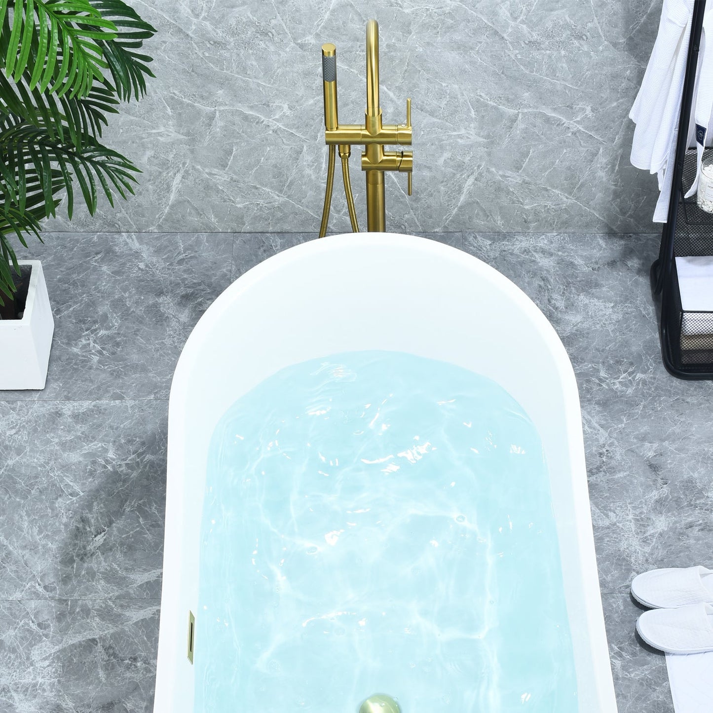 Assens Double Lever Handle Freestanding Floor Mounted Tub Filler with Handshower in Brushed Gold