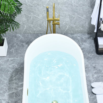 Assens Double Lever Handle Freestanding Floor Mounted Tub Filler with Handshower in Brushed Gold