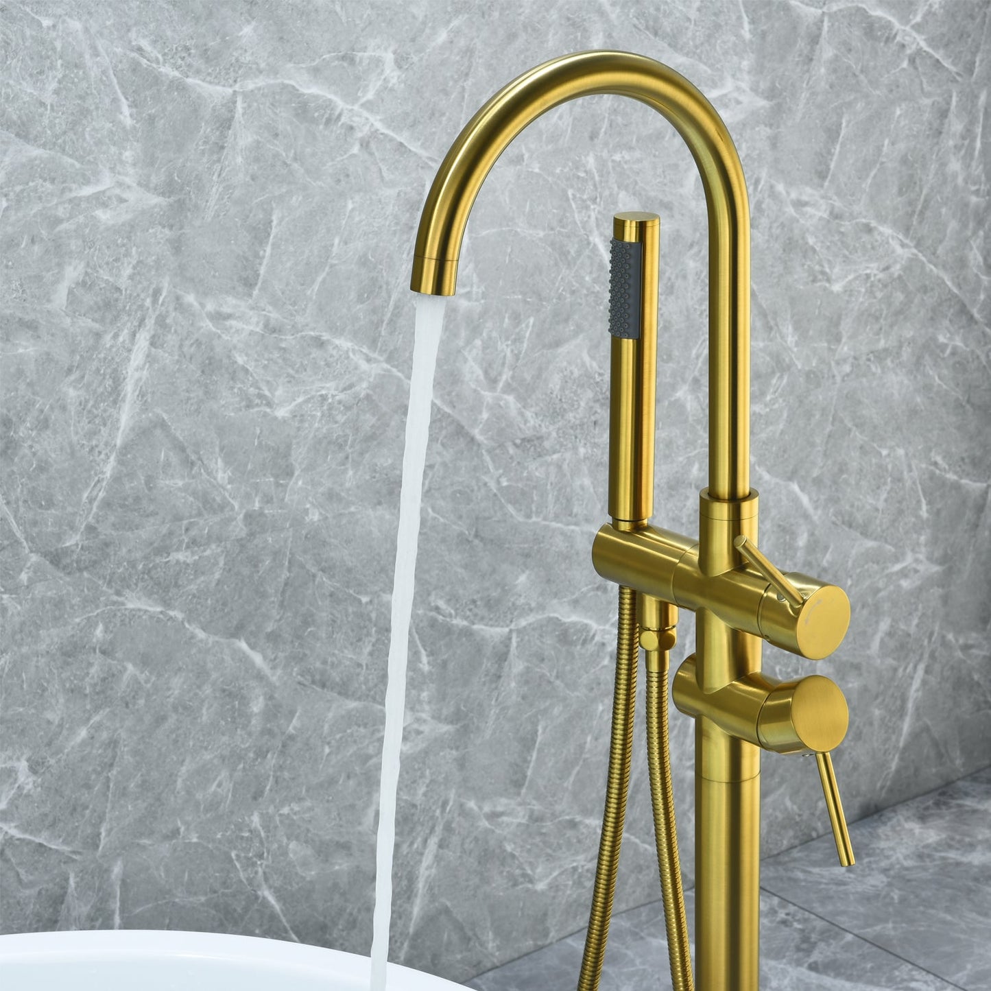 Assens Double Lever Handle Freestanding Floor Mounted Tub Filler with Handshower in Brushed Gold