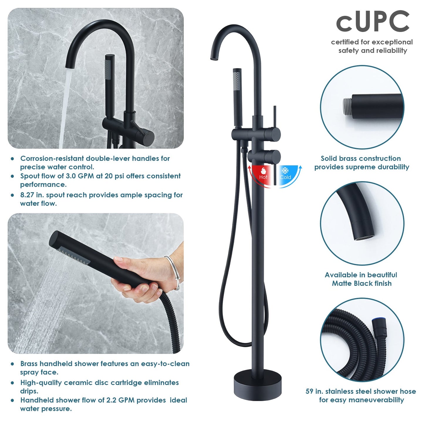 Assens Double Lever Handle Freestanding Floor Mounted Tub Filler with Handshower in Matte Black