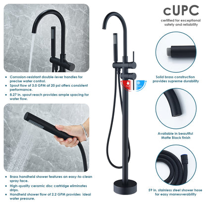 Assens Double Lever Handle Freestanding Floor Mounted Tub Filler with Handshower in Matte Black