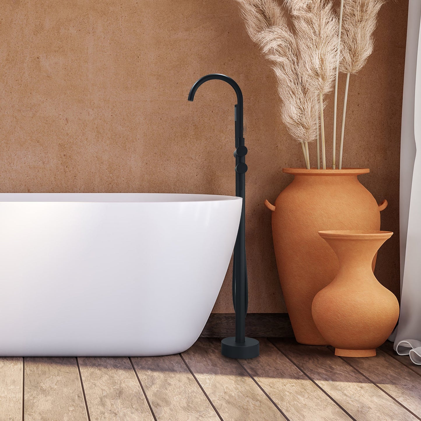 Assens Double Lever Handle Freestanding Floor Mounted Tub Filler with Handshower in Matte Black