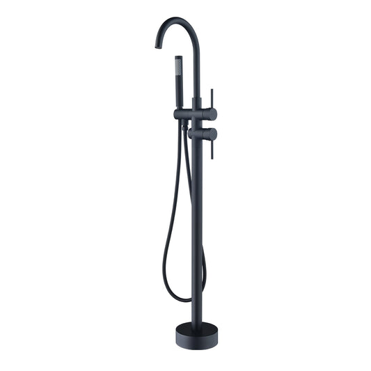 Assens Double Lever Handle Freestanding Floor Mounted Tub Filler with Handshower in Matte Black
