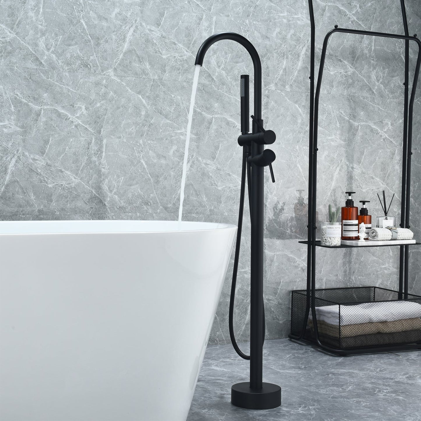 Assens Double Lever Handle Freestanding Floor Mounted Tub Filler with Handshower in Matte Black
