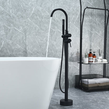 Assens Double Lever Handle Freestanding Floor Mounted Tub Filler with Handshower in Matte Black
