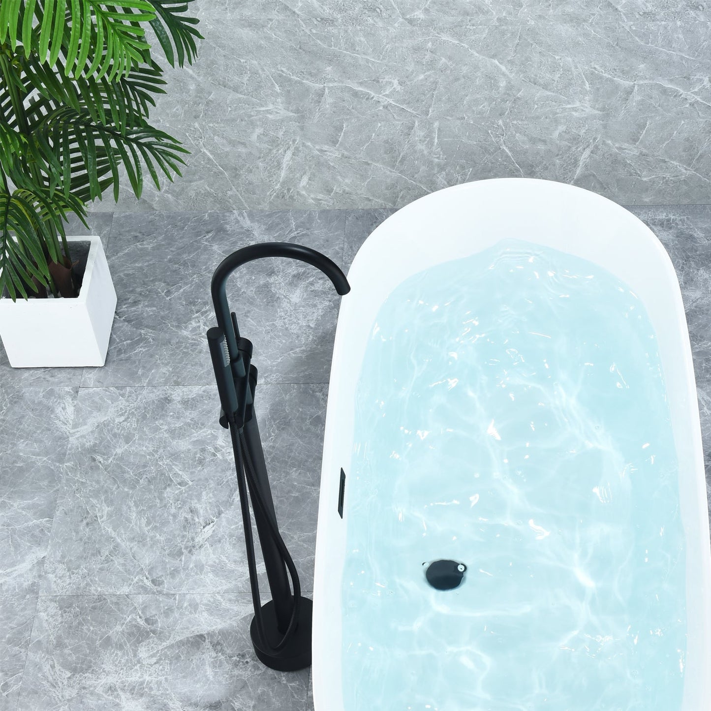 Assens Double Lever Handle Freestanding Floor Mounted Tub Filler with Handshower in Matte Black