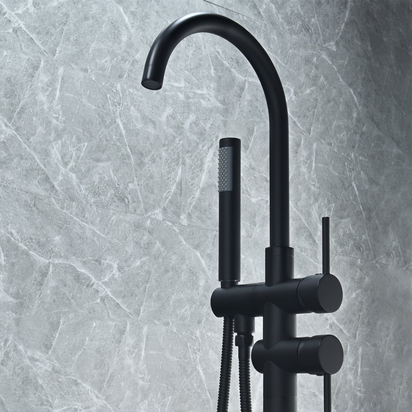 Assens Double Lever Handle Freestanding Floor Mounted Tub Filler with Handshower in Matte Black