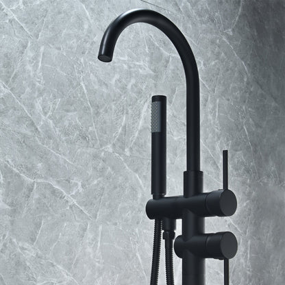 Assens Double Lever Handle Freestanding Floor Mounted Tub Filler with Handshower in Matte Black