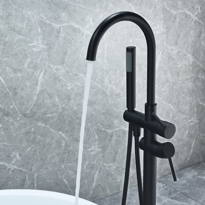 Assens Double Lever Handle Freestanding Floor Mounted Tub Filler with Handshower in Matte Black