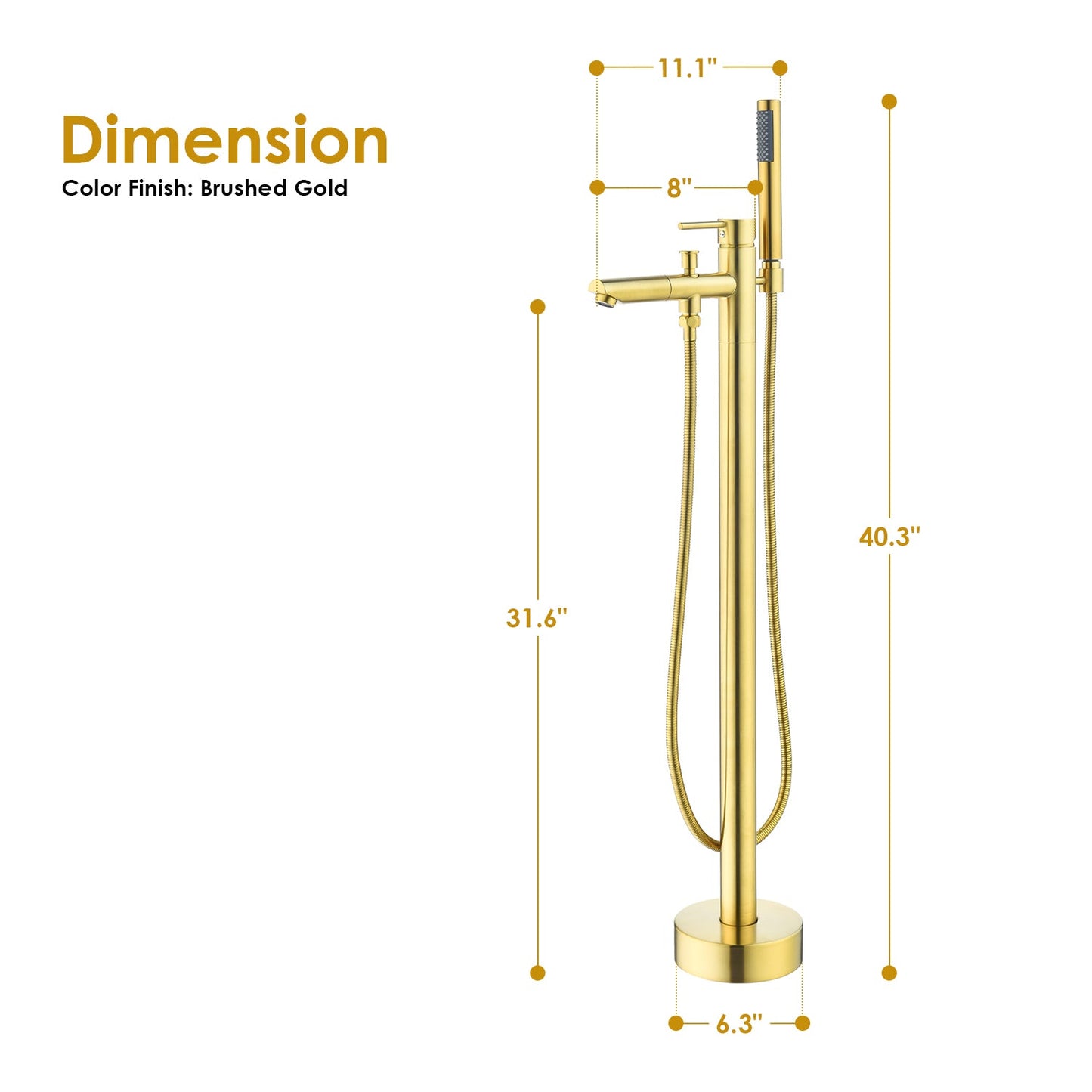 Larod Single Lever Handle Freestanding Floor Mounted Tub Filler with Handshower in Brushed Gold