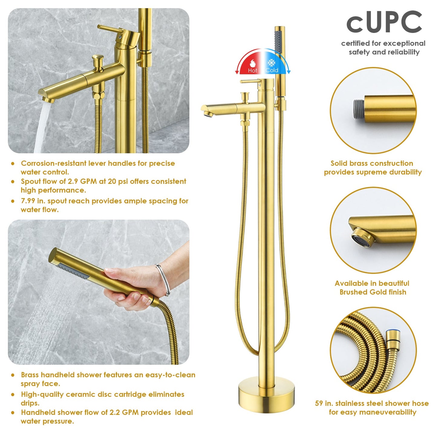 Larod Single Lever Handle Freestanding Floor Mounted Tub Filler with Handshower in Brushed Gold