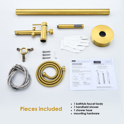 Larod Single Lever Handle Freestanding Floor Mounted Tub Filler with Handshower in Brushed Gold