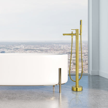 Larod Single Lever Handle Freestanding Floor Mounted Tub Filler with Handshower in Brushed Gold