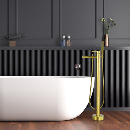 Larod Single Lever Handle Freestanding Floor Mounted Tub Filler with Handshower in Brushed Gold
