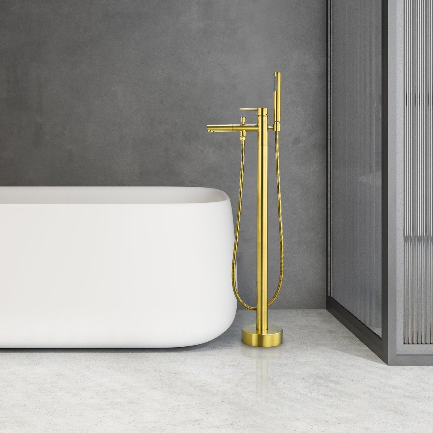 Larod Single Lever Handle Freestanding Floor Mounted Tub Filler with Handshower in Brushed Gold