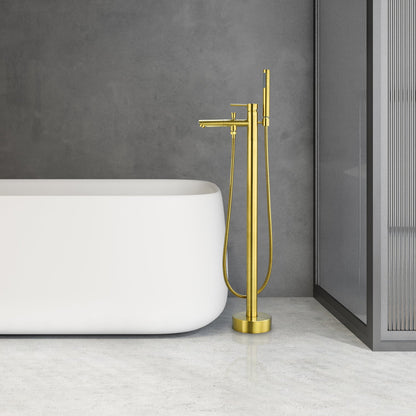 Larod Single Lever Handle Freestanding Floor Mounted Tub Filler with Handshower in Brushed Gold