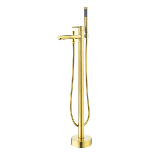 Larod Single Lever Handle Freestanding Floor Mounted Tub Filler with Handshower in Brushed Gold