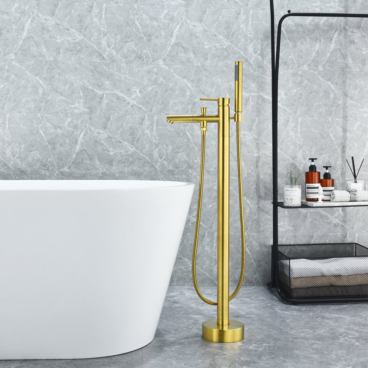 Larod Single Lever Handle Freestanding Floor Mounted Tub Filler with Handshower in Brushed Gold