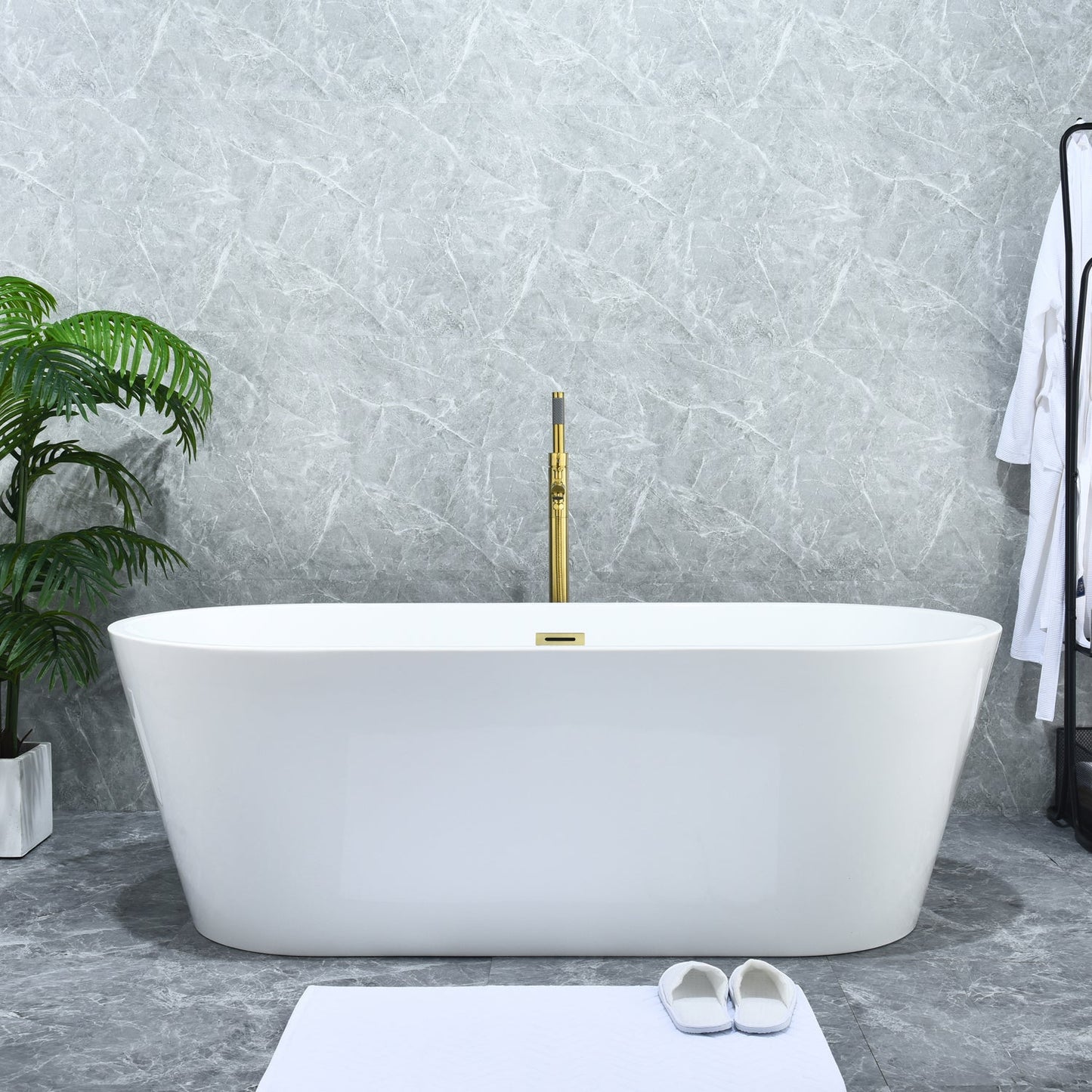 Larod Single Lever Handle Freestanding Floor Mounted Tub Filler with Handshower in Brushed Gold