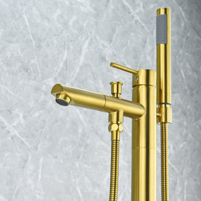 Larod Single Lever Handle Freestanding Floor Mounted Tub Filler with Handshower in Brushed Gold