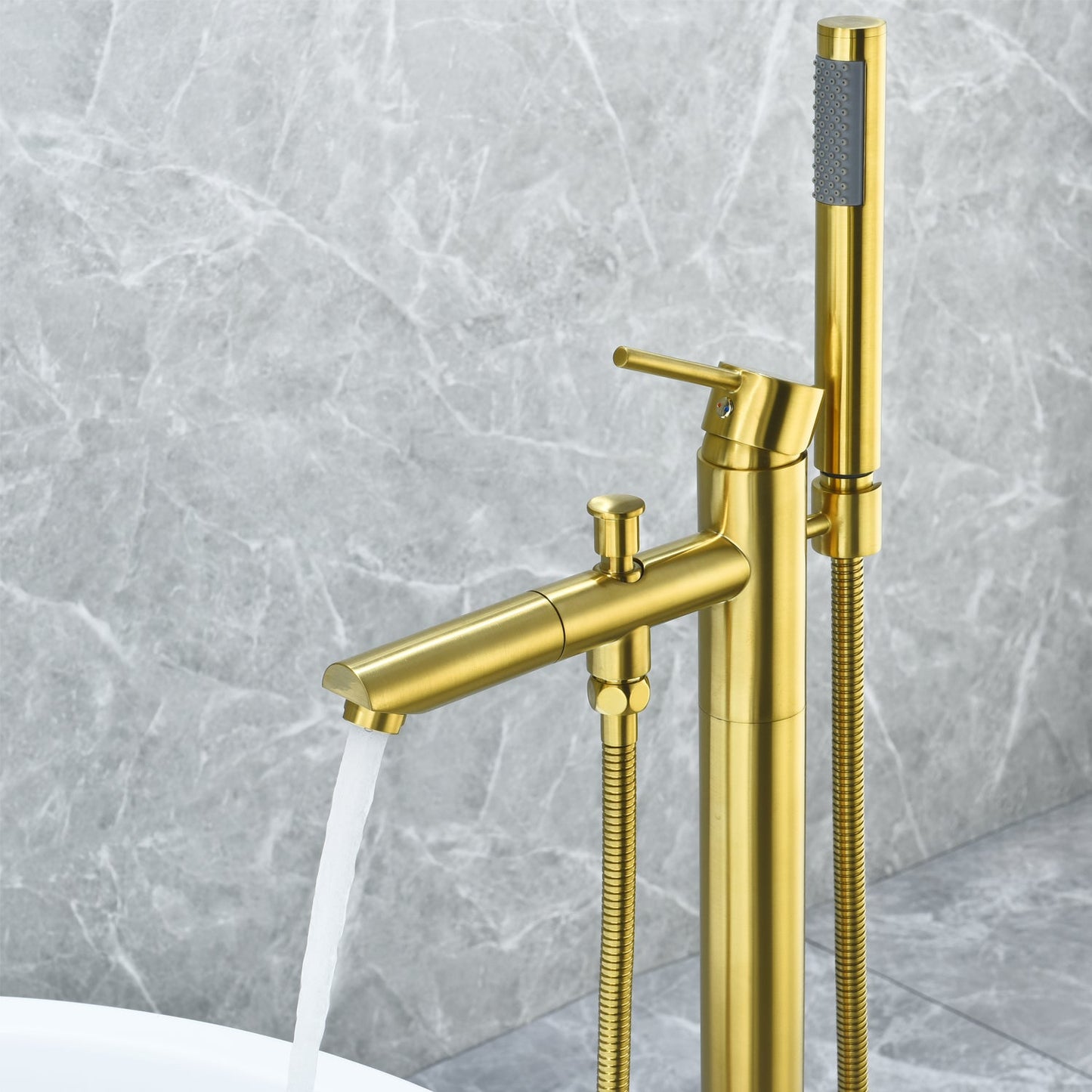 Larod Single Lever Handle Freestanding Floor Mounted Tub Filler with Handshower in Brushed Gold