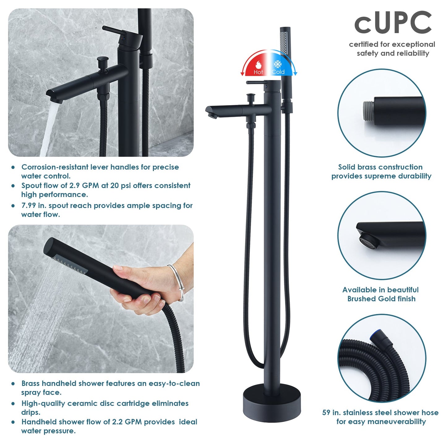Larod Single Lever Handle Freestanding Floor Mounted Tub Filler with Handshower in Matte Black
